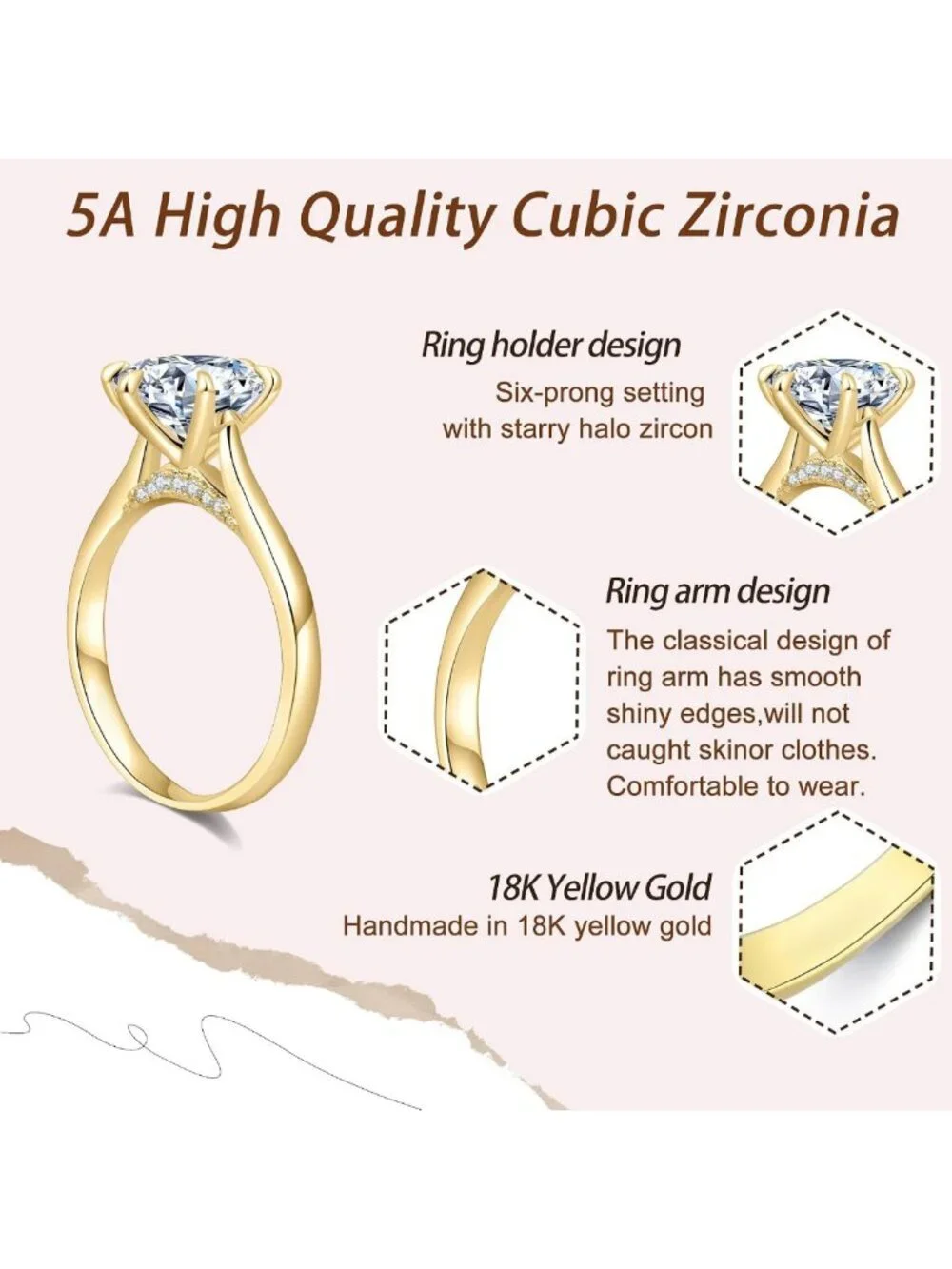 Stunning CZ Round Solitaire Engagement Ring, 18K Gold Plated Wedding Band for